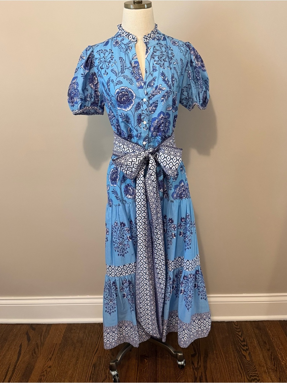 CELINA MOON Blue Floral Maxi Dress with Patterned Sash